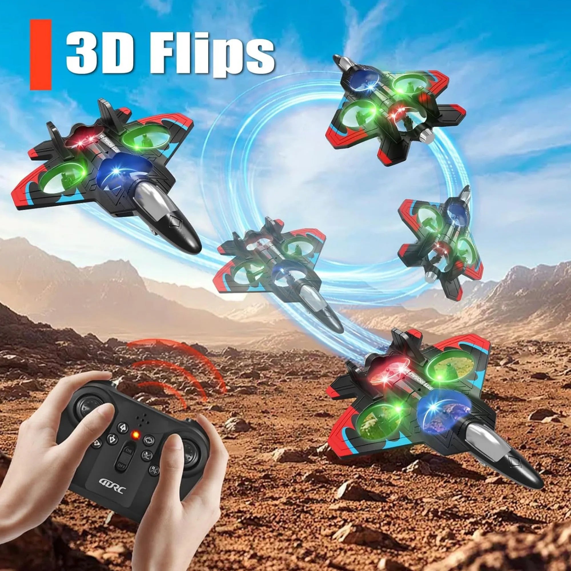 Star Fighter Jet Remote Control - RC Stunt Aircraft with LED Lights - 360° Flip Function, Long Range Control, Rechargeable Battery - Durable Crash-Resistant Toy for Kids